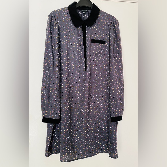 I Heart Ronson Confetti Tulip Print Long Sleeve Black Collar Grey Dress L - Picture 1 of 11